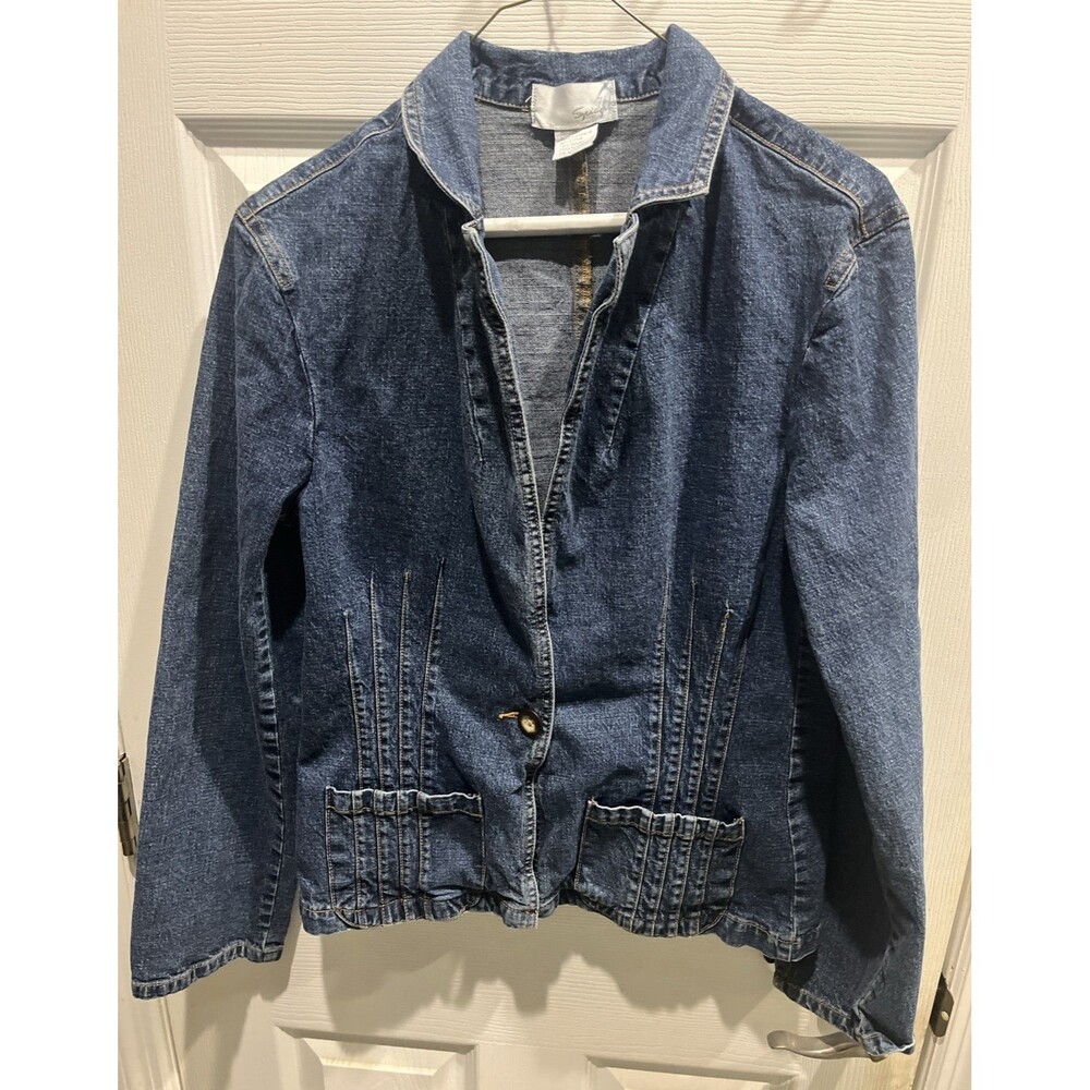 Spiegel Women’s Denim Jean Jacket Size 12 Blue Full Front Pockets Slit